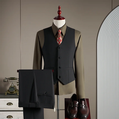 15% high-end wool suit for men, fashionable and stylish wedding, British-style business casual gray-blue suit three-piece set