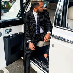 Black Pinstripe Double Breasted Business Formal Men Suit Slim Fit-Baldwens
