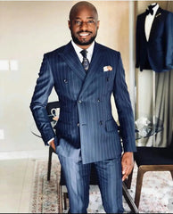 Double Breasted Wedding Tuxedos Pinstripe Mens Groom Suits Peaked Lapel Slim Fit-Baldwens