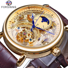 Forsining Royal Golden Skeleton Display Blue Hands Brown Genuine Leather Mens Mechanical Wristwatche-Forsining