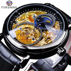 Forsining Royal Golden Skeleton Display Blue Hands Brown Genuine Leather Mens Mechanical Wristwatche-Forsining