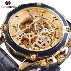 Forsining Royal Golden Skeleton Display Blue Hands Brown Genuine Leather Mens Mechanical Wristwatche-Forsining