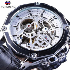 Forsining Royal Golden Skeleton Display Blue Hands Brown Genuine Leather Mens Mechanical Wristwatche-Forsining