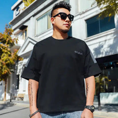 Large size men's summer minimalist wild loose half sleeve T-shirt-Baldwens