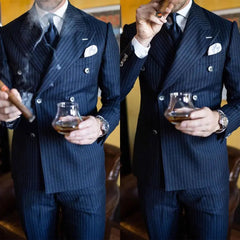 Men Suit Tailor-Made 2 Pieces Blazer Pants Plaid Double Breasted Pinstripe Work Wear-Baldwens