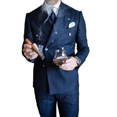 Men Suit Tailor-Made 2 Pieces Blazer Pants Plaid Double Breasted Pinstripe Work Wear-Baldwens