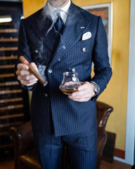 Men Suit Tailor-Made 2 Pieces Blazer Pants Plaid Double Breasted Pinstripe Work Wear-Baldwens