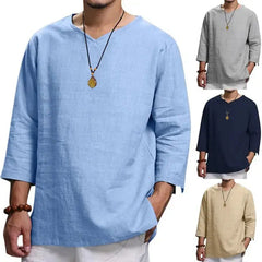 Men V-Neck Cotton Linen Breathable Solid Color T-Shirt-Baldwens