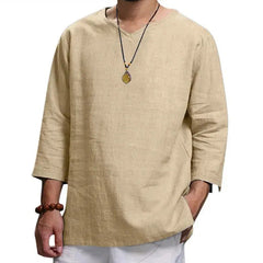 Men V-Neck Cotton Linen Breathable Solid Color T-Shirt-Baldwens