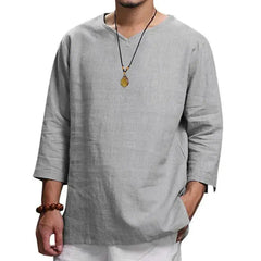Men V-Neck Cotton Linen Breathable Solid Color T-Shirt-Baldwens