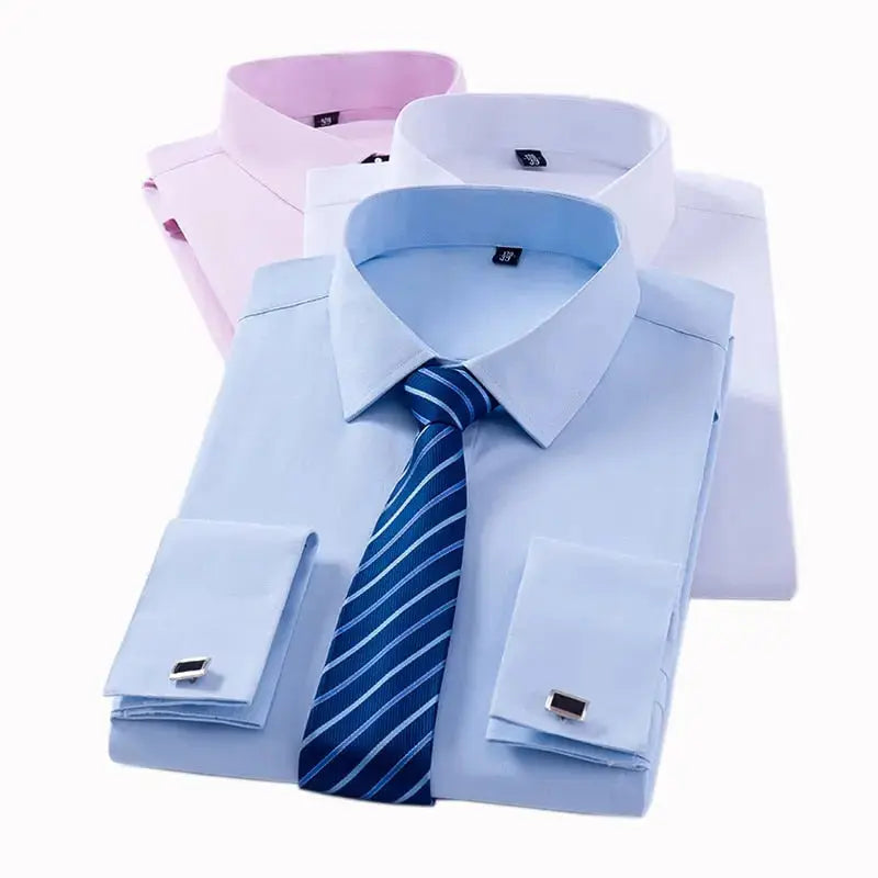 Men's Classic French Cuff Dress Shirts Long Sleeve No Pocket Tuxedo Male Shirt with Cufflinks-Baldwens