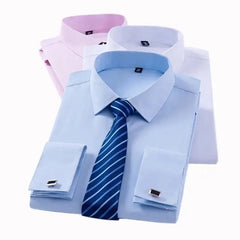 Men's Classic French Cuff Dress Shirts Long Sleeve No Pocket Tuxedo Male Shirt with Cufflinks-Baldwens