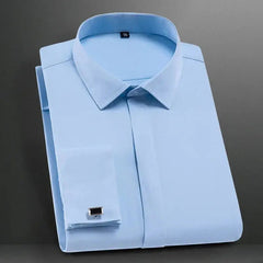 Men's Classic French Cuff Dress Shirts Long Sleeve No Pocket Tuxedo Male Shirt with Cufflinks-Baldwens