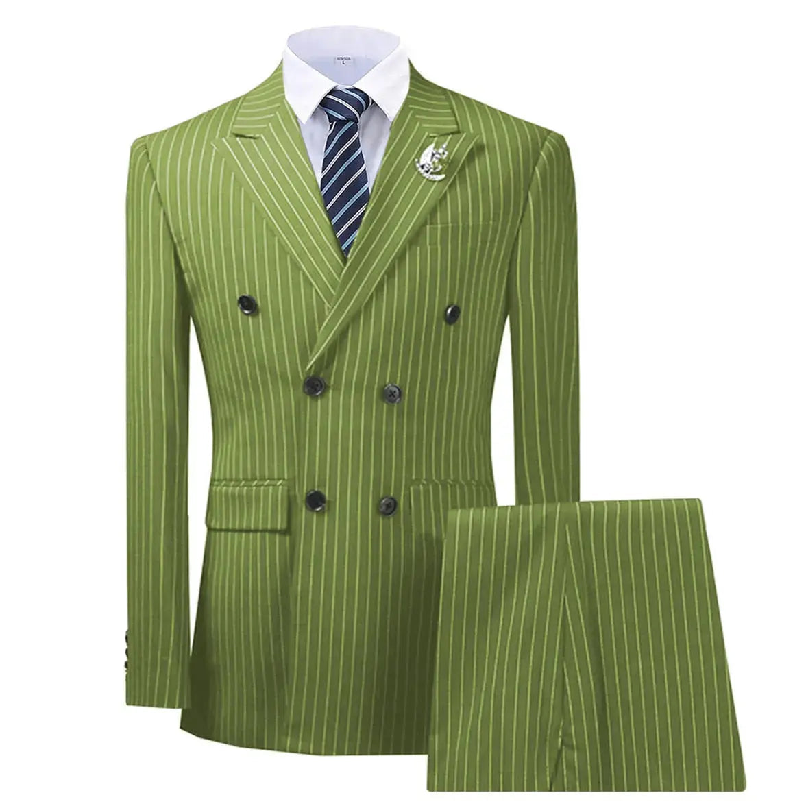 Men's Regular Fit 2 Pieces Double Breasted Peak Lapel Pinstripe Formal Olive Green Tuxedo Business Suit-Baldwens