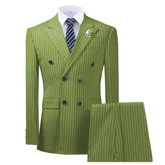 Men's Regular Fit 2 Pieces Double Breasted Peak Lapel Pinstripe Formal Olive Green Tuxedo Business Suit-Baldwens