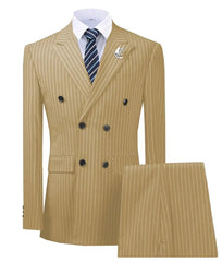 Men's Regular Fit 2 Pieces Double Breasted Peak Lapel Pinstripe Formal Olive Green Tuxedo Business Suit-Baldwens
