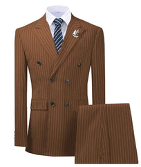 Men's Regular Fit 2 Pieces Double Breasted Peak Lapel Pinstripe Formal Olive Green Tuxedo Business Suit-Baldwens