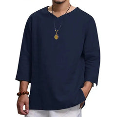 Men's V-Neck T-Shirt - Men's Cotton Linin Breathable Solid Colour Light Blue V-Neck T-Shirt-Baldwens