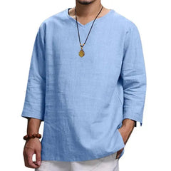 Men's V-Neck T-Shirt - Men's Cotton Linin Breathable Solid Colour Light Blue V-Neck T-Shirt-Baldwens