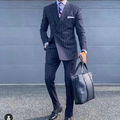 Navy Blue Pinstripe Double Breasted Tuxedo Suits For Men Slim Fit-Baldwens