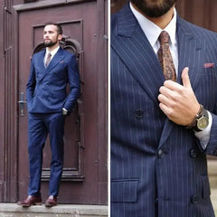 Navy Blue Pinstripe Men Suits for Wedding with Double Breasted Groom Tuxedo-Baldwens