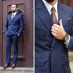 Navy Blue Pinstripe Men Suits for Wedding with Double Breasted Groom Tuxedo-Baldwens