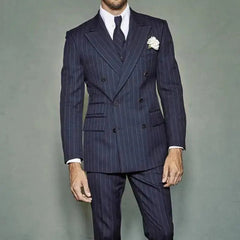 Navy Pinstripe Men Suits 2 Piece Peaked Lapel Double Breasted Wedding Suits-Baldwens