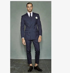 Navy Pinstripe Men Suits 2 Piece Peaked Lapel Double Breasted Wedding Suits-Baldwens