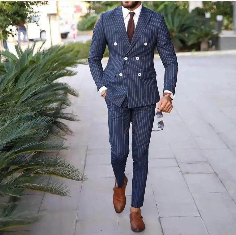 Navy Pinstripe Mens Wedding Tuxedos Double Breasted Peaked Lapel Groom Wear-Baldwens