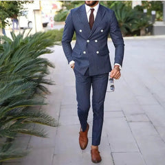 Navy Pinstripe Mens Wedding Tuxedos Double Breasted Peaked Lapel Groom Wear-Baldwens