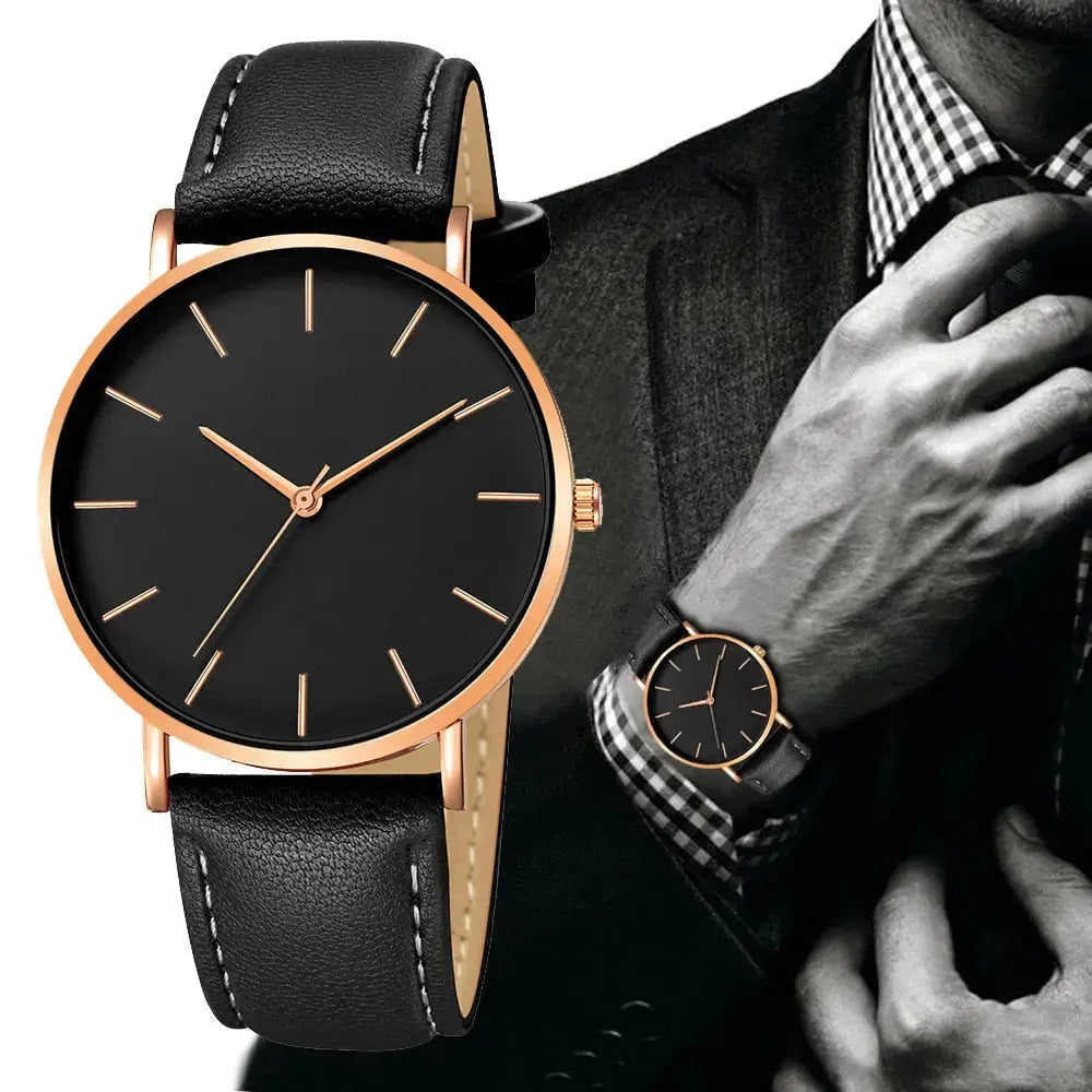 New Fashion Simple Leather Gold Silver Dial Men Watches-Baldwens