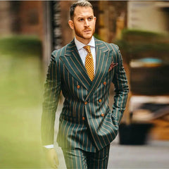 Pinstripe Green Men Suits- Double Breasted Jacket With Pants 2 Piece Set-Baldwens