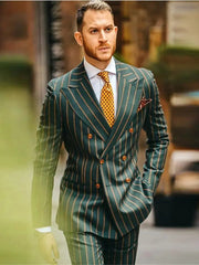 Pinstripe Green Men Suits- Double Breasted Jacket With Pants 2 Piece Set-Baldwens